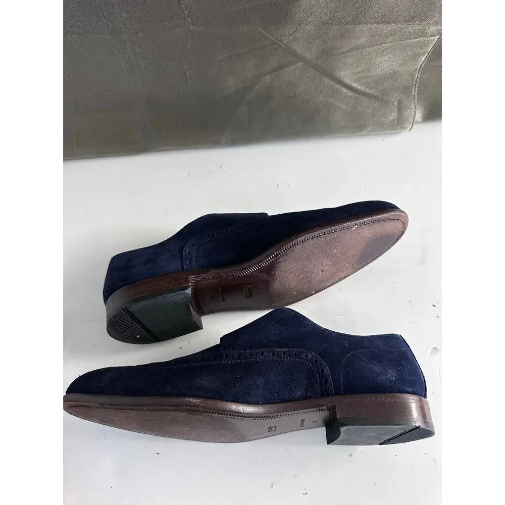 BOSS Hugo Boss Navy Suede Double Monk Strap Wingtip Brogue Shoes